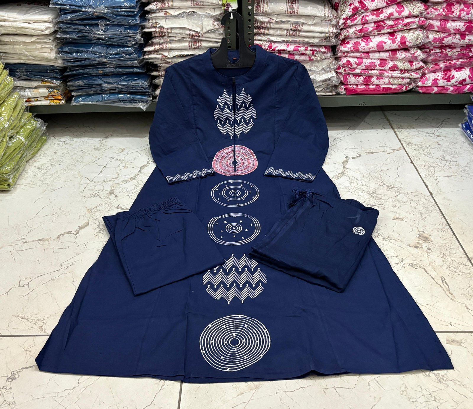 Blue Jaipuri Cotton A-Line Suit with Embroidered Dupatta